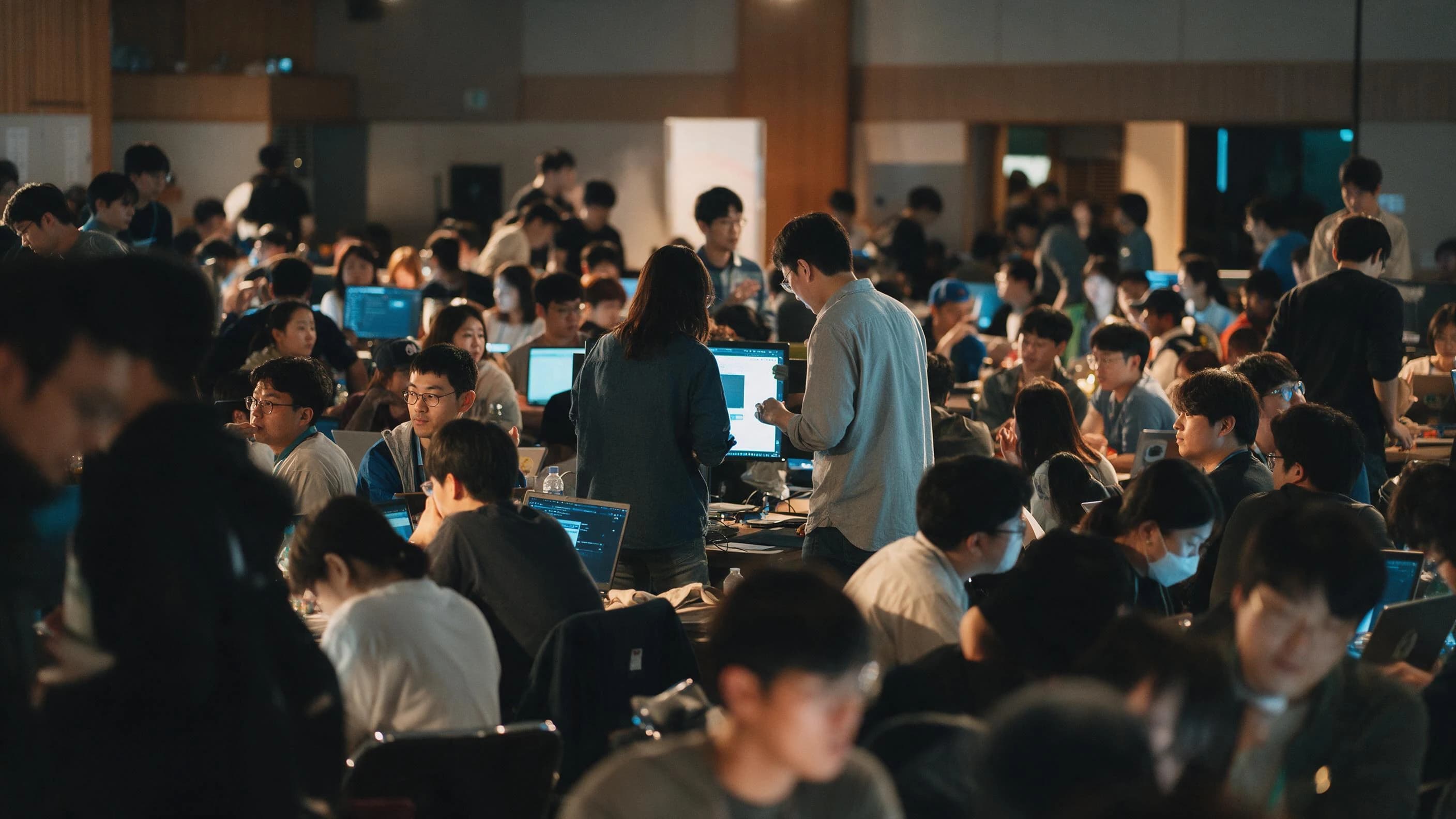 저녁 시간 해커톤 현장에서 노트북 화면 불빛 아래 작업하는 참가자들